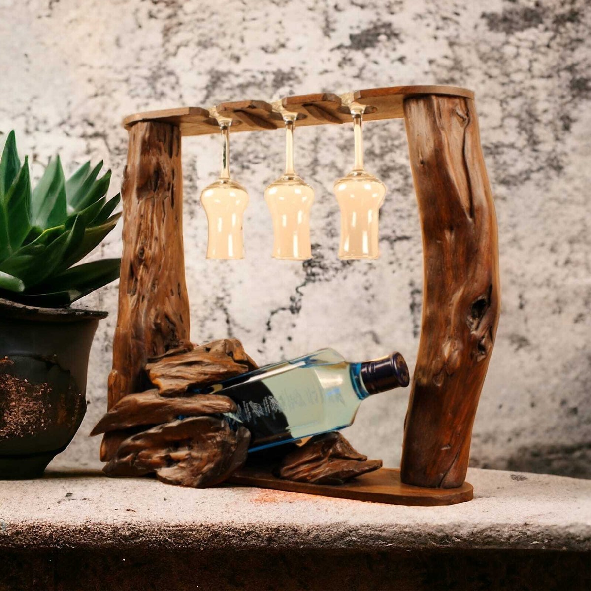 Teak Wood Wine Bottle Rack Holder With Glasses Thailand Solid Wood