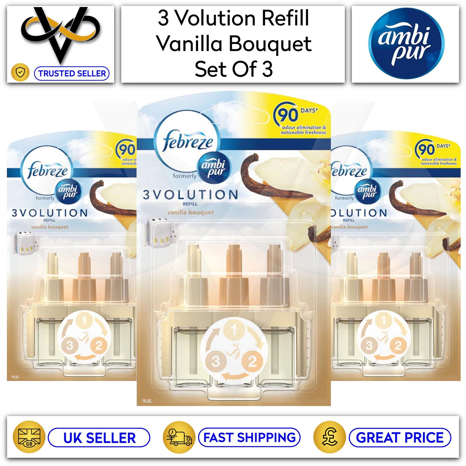 3 x Ambi Pur 3volution Electric Plug In Refills Vanilla Bouquet Air