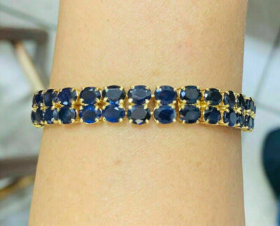 15Ct 2Rows Lab Created Sapphire Women's Tennis Bracelet 14K Yellow Gold Finish