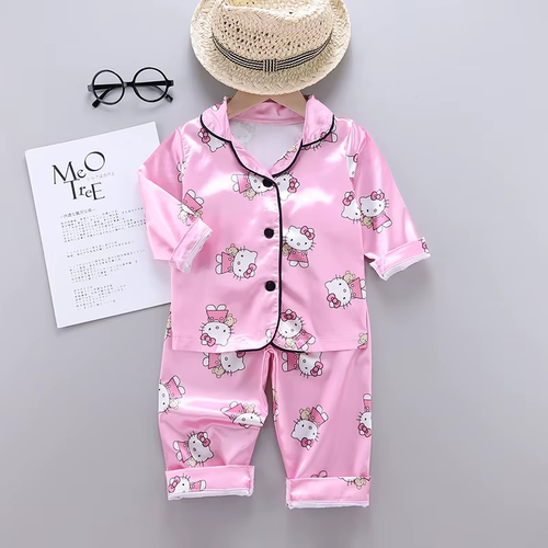 Girls Satin Pajama Set Children Spring Lapel Neck Long Sleeve Sanrio Hello Kitty