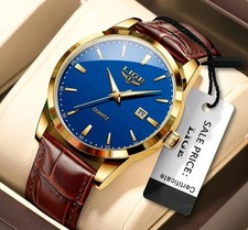 LIGE Mens Classic Luxury Wristwatch Gents Waterproof Quartz Leather Strap Watch