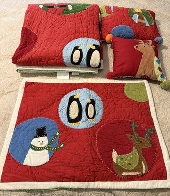 Pottery Barn Kids Quilt Set Twin Shame Throw Pillows Embroidery Christmas 86x68''