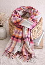 V Fraas Cashmink Soft Plaid Winter Scarf Pink Gray White Fringe Germany 76"x13"