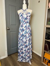 Floral Bamboo Print Halter Crisscross Neck Maxi Dress Tropical Resort M