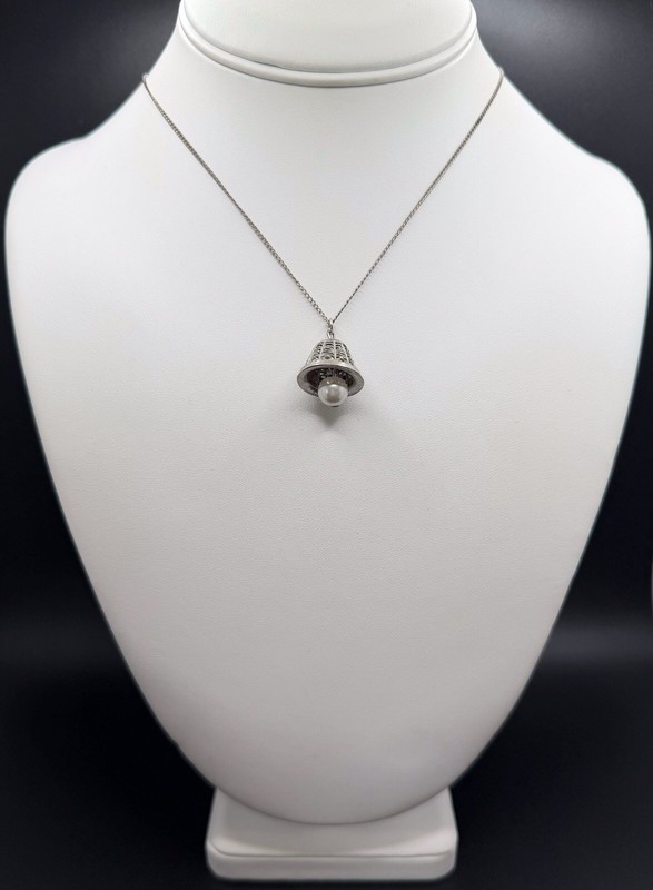 Vintage Filigree Bell Pendant Silver Tone Necklace Faux Pearl 18” Chain