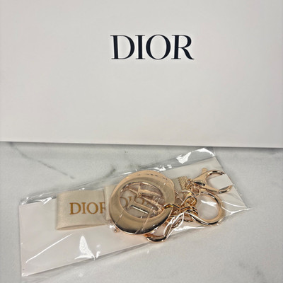 CD Dior DIOR Logo Bag Charm Key Chain Keyring Detachable Rose Gold Cream Fabric