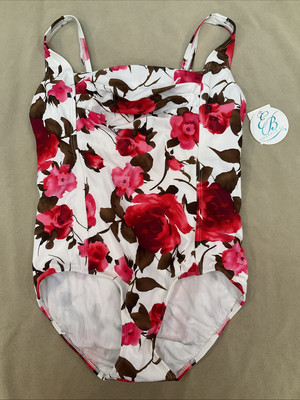 Emerald Bay Swimsuit 16W Womens Pleated One Piece Pink Brown Floral Print NWT