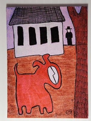 e9Art ACEO dog, house, tree outsider art brut naive
