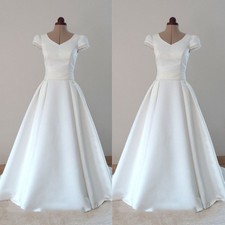 Simple Satin Wedding Dresses Short Sleeves A Line Sweep Train Bridal Gowns