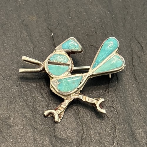 Zuni Roadrunner Bird Sterling Silver Turquoise Brooch Vintage Ue