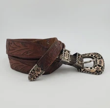 VTG 925 A Fonseca Belt Men 36in Brown Tooled 4pc Sterling Silver 60g Buckle READ