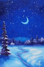 Mini Winter Night Painting Cabin Lights Moon Stars Trees Snow Path Wall Art Gift
