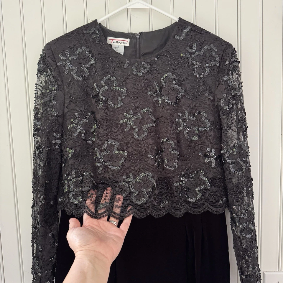 Vintage Talbots 10 Black Velvet Cocktail Dress Sheer Lace Beads Sequins Evening - Image 4 of 4