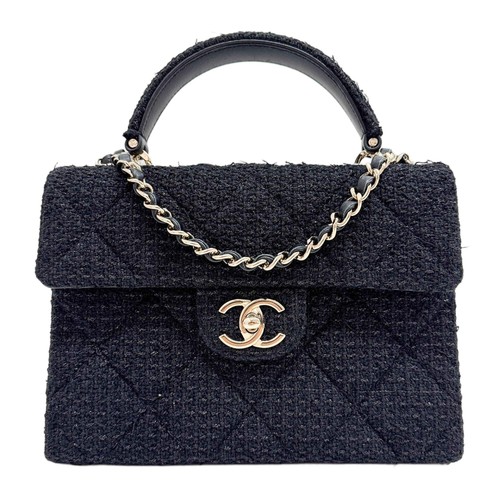 CHANEL Mini Flap with Top Handle 2021-2026 Black Tweed Two Way Bag
