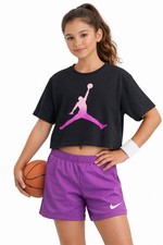 Girls Jordan Crop T-Shirt Black Pink Jumpman Youth Medium