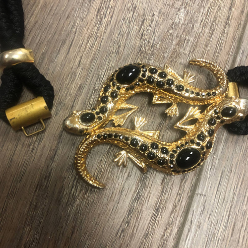 VINTAGE gold/schwarz mit Juwelen Eidechse Gürtelschnalle + elastischer geflochtener Gürtel - Bild 2 von 9