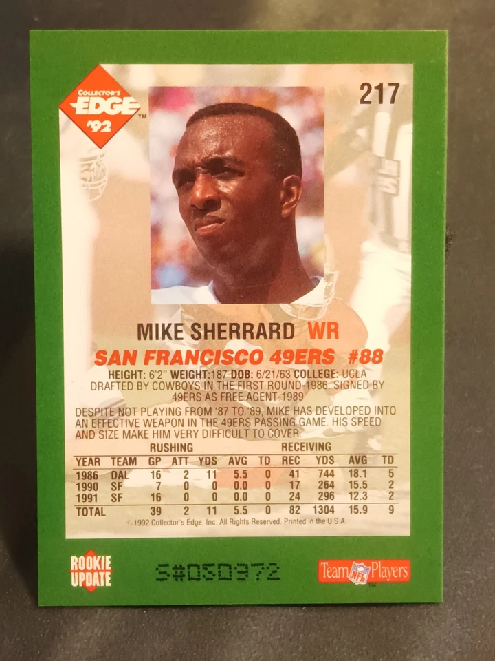1992 Collector's Edge ⭐Limited Print #050972⭐#217 Mike Sherrard - SF 49ers - Image 2 of 2