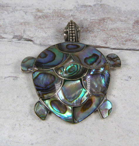 Sterling Silver Abalone Inlaid Sea Turtle Pendant for Chain Green Blue