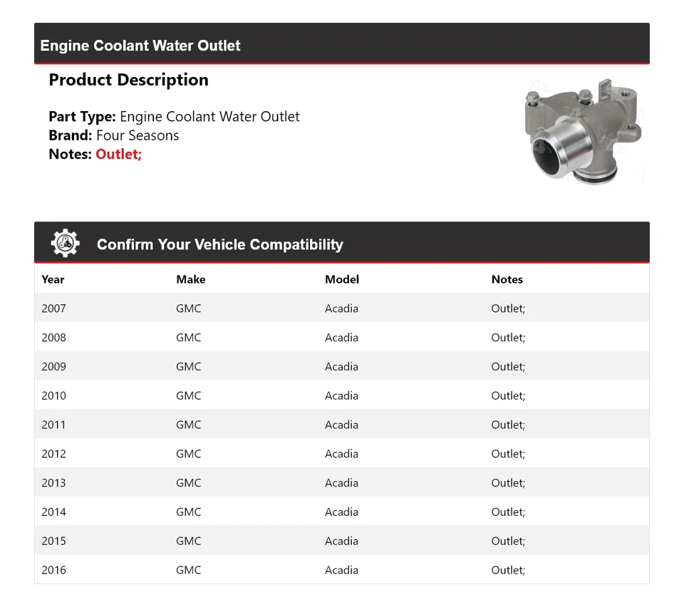 For 2007-2016 GMC Acadia Engine Coolant Water Outlet 4 Seasons 2008 2009 2010 - Image 2 of 4