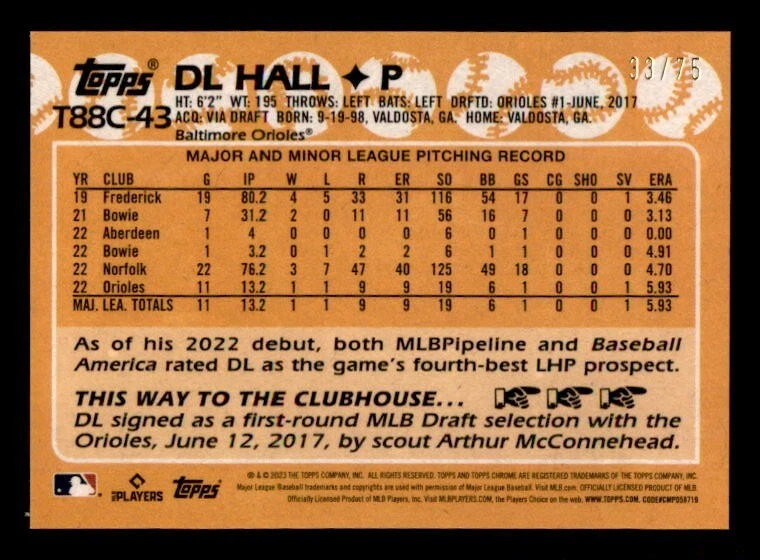 2023 Topps Series 1 Purple Silver Pack #T88C-43 DL Hall Rookie #33/75 - Image 2 of 2