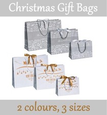 Christmas Gift Bags -Xmas  Festive Present Ribbon Tie Bag - Grey / White