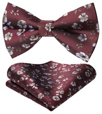 Mens Bow Ties Floral Pre-tied Bowtie and Pocket Square Set Classic Burgundy B...