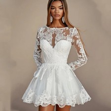Lace Embroidery Short Wedding Dresses Long Sleeve See-through Tulle Dresses
