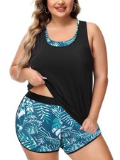 Women Plus Size 3 Piece Tankini Swimsuits Athletic Bathing Suits with Boy Sho...