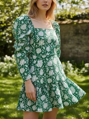 Mille Resort & Travel Green Floral Print Cotton Mini Dress Puff Sleeve Size L