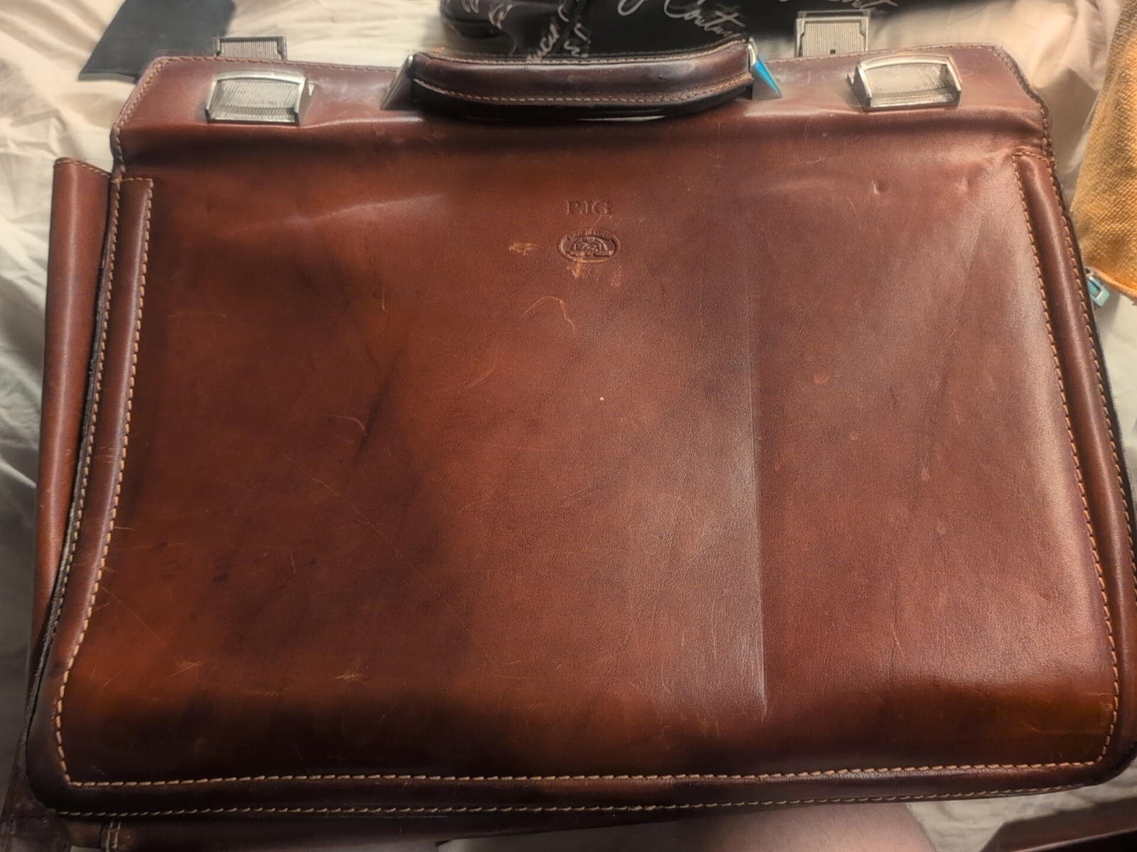 Tony Perotti Brown Italian Cognac Leather Briefcase Lecturer Shoulder Bag 