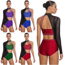 Womens Bodysuit Ballet Leotard Tango Jumpsuit Mesh Costumes Asymmetrical Stage