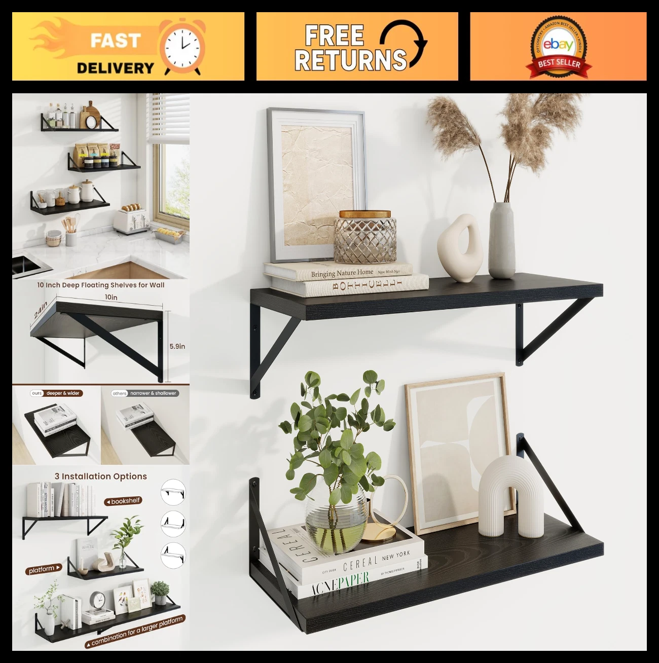 Set of 2 Deep Black Floating Wall Shelves | 24" x 10" Wood Storage for Home Deco