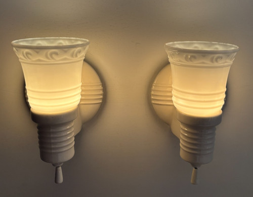 Vtg Porcelain Sconce Pair Slip Shade Ceramic Wall Light Fixture Art USA #M71