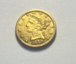 1880 FIVE DOLLAR LIBERTY HEAD HALF EAGLE .900 FINE GOLD COIN PHILADELPHIA MINT