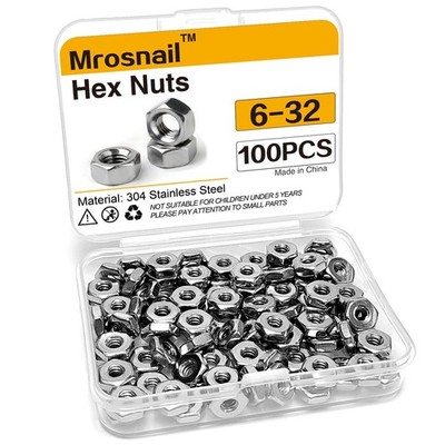 100Pcs 304 Stainless Steel Hex Nuts 6-32 for Electronics & Light Fixtures