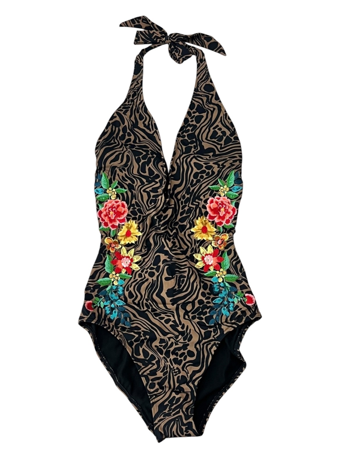 Johnny Was XS One Piece Bathing Suit Milo Halter Embroider Leopard Print