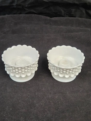 VTG Fenton Milk Glass White Hobnail Round Footed Candle Holders Pair #3673