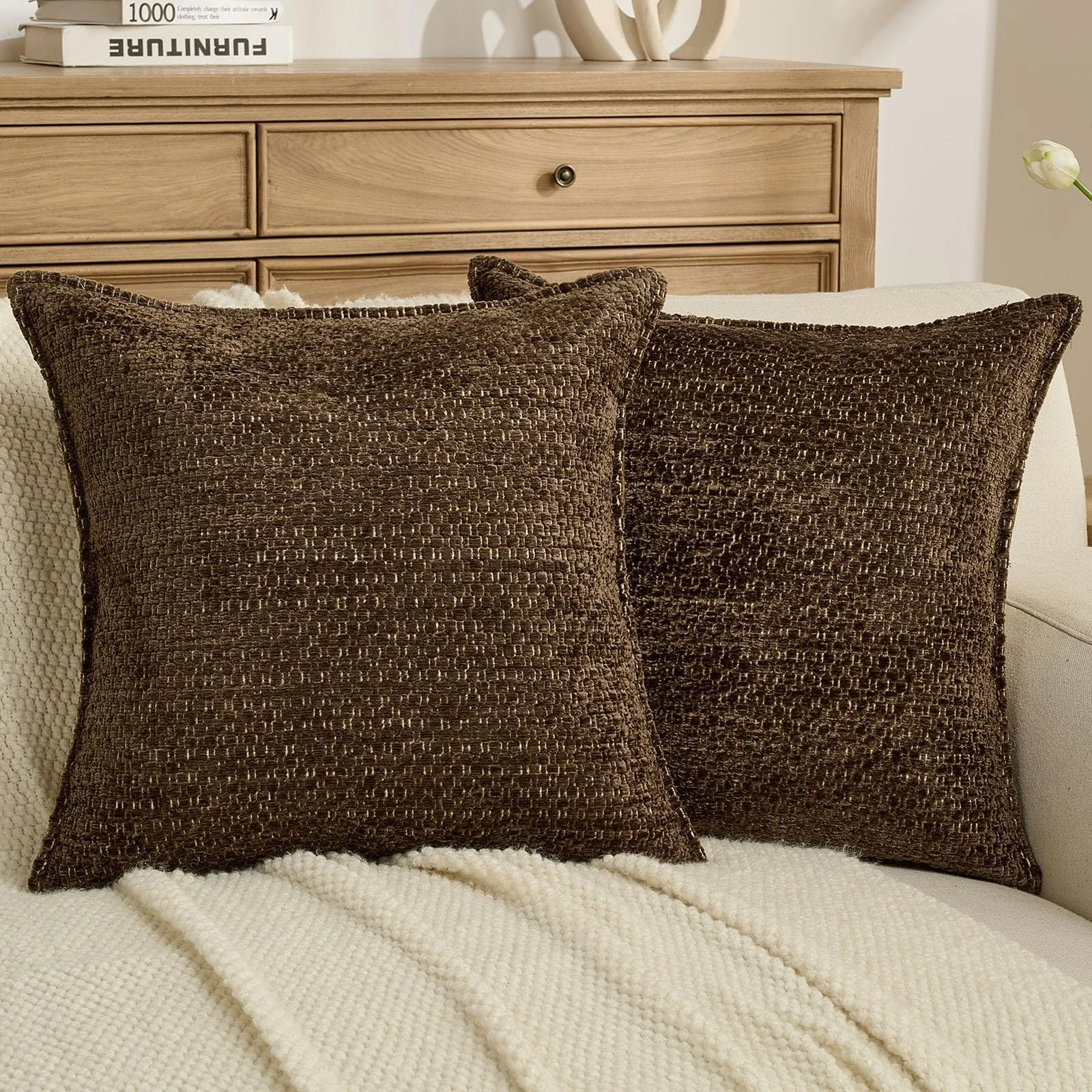 Pack of 2 Solid Chenille Throw Pillow Covers 16x16 Inch Soft Grainy Textured ...