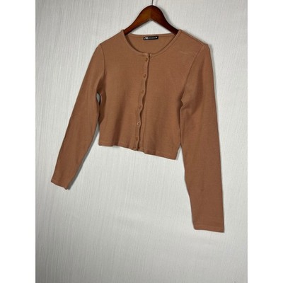Zara Cardigan Womens L Brown Rib Knit Long Sleeve Crop Button Front Minimalist