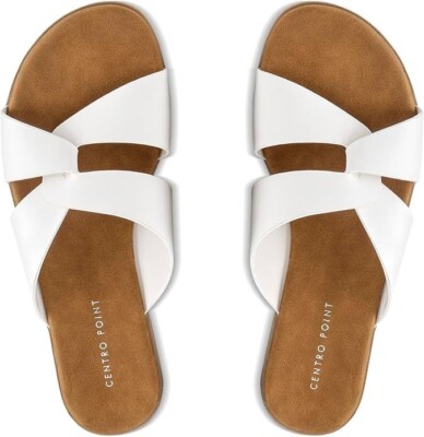 CentroPoint Women's Flat Open Toe Slip On Cross Strap Sandals - White - 8.5