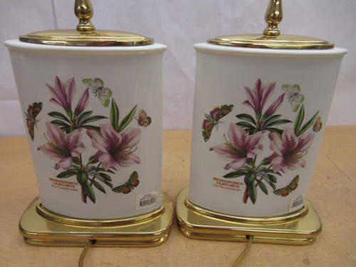 Pair Portmeirion Botanic Garden Marquise Azalea porcelain & brass lamps England - Picture 7 of 15