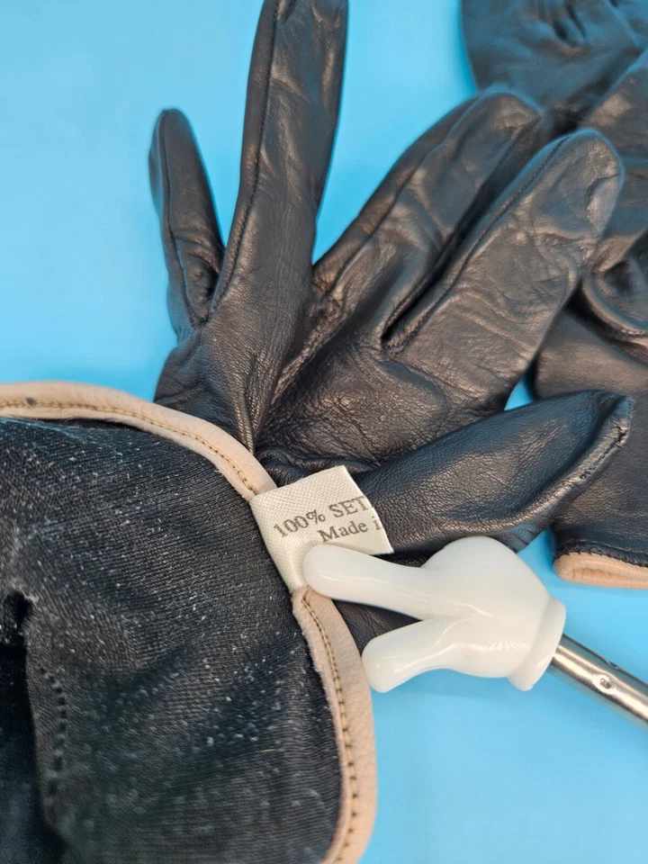 Luvas de couro femininas vintage listras pretas bronzeadas feitas na Itália tamanho 6.5 - Imagem 4 de 4