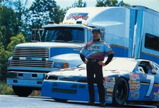 Postcard Nascar Race Car & Geoff Bodine Transporter AeroMax 120 Semi Truck