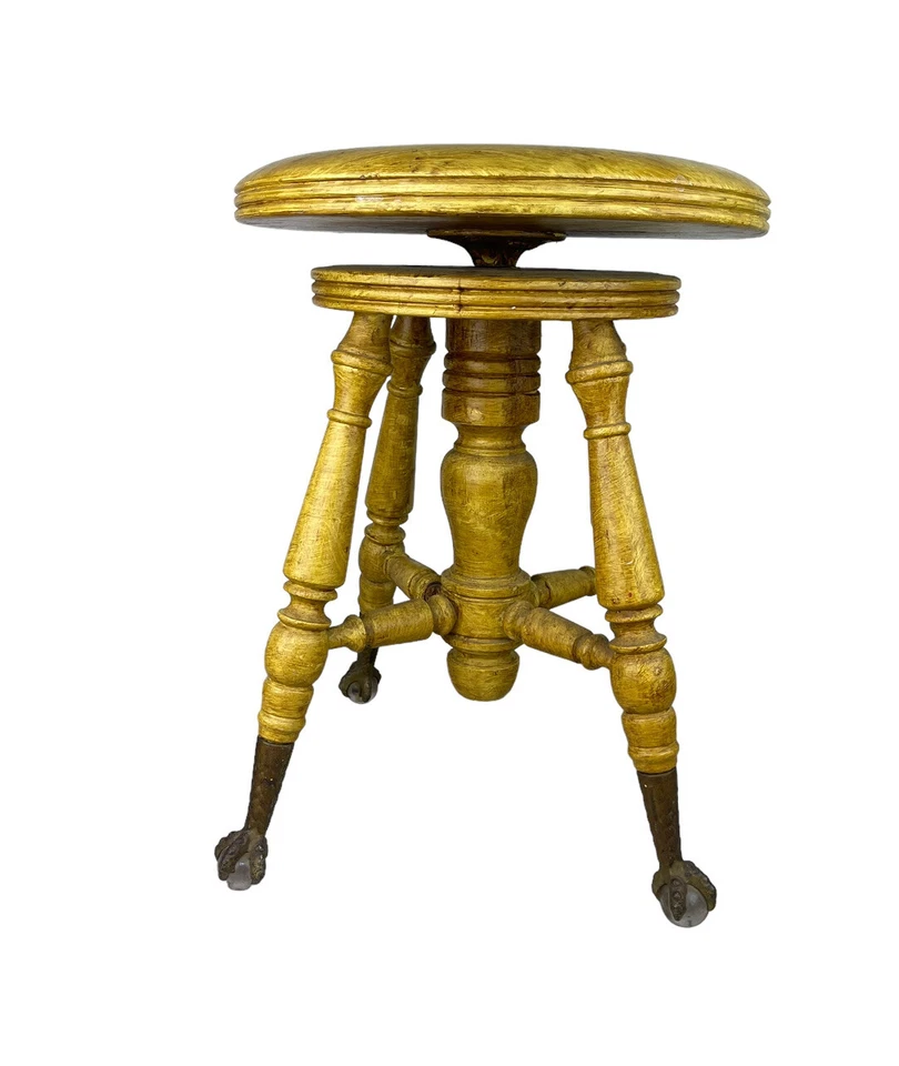 Antiguo taburete de piano vintage con patas de garra de vidrio asiento ajustable eleva y baja Foto 3 de 4