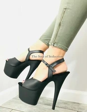 7" Black Leather Stripper Heels Platform Exotic Pole Dance Shoes size 6 7 8 9 10