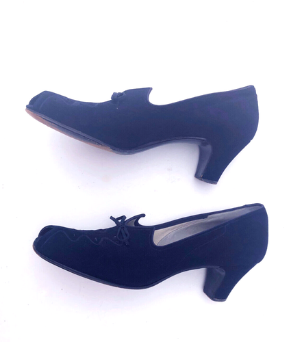 McBrydes Detroit Dark Navy Suede Open Toe 1940 Style Vintage Bow Heels 10 Narrow - Picture 3 of 9