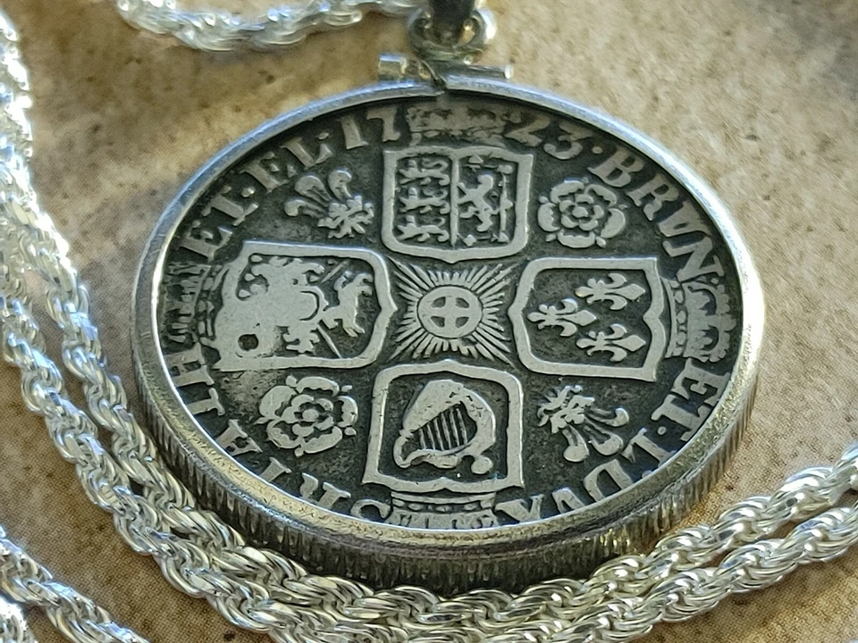 Подлинный 1723 старинный темный английский шиллинг подвеска на 24» серебряная цепочка - Изображение 2 из 4