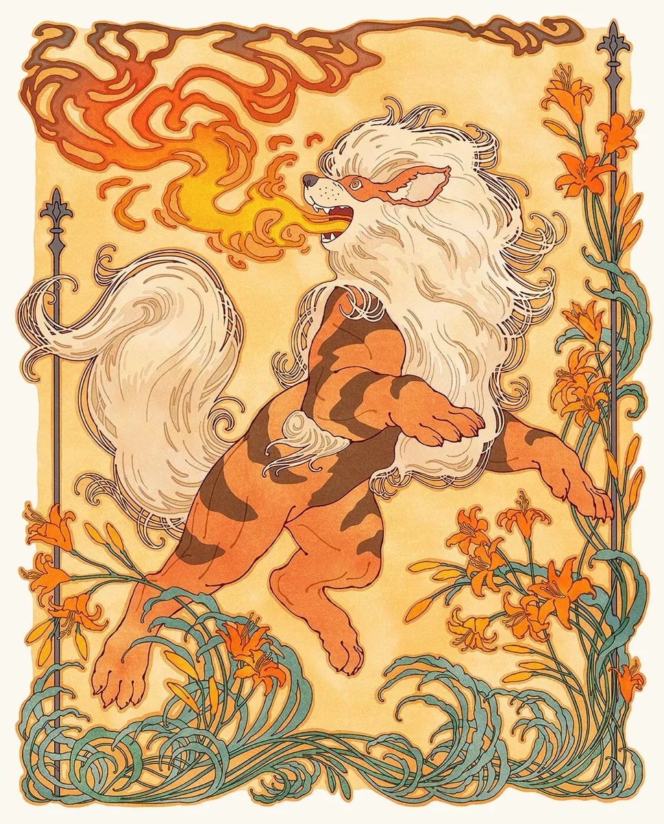 Pokemon Arcanine European Art Nouveau Poster Print 16x20 Mondo