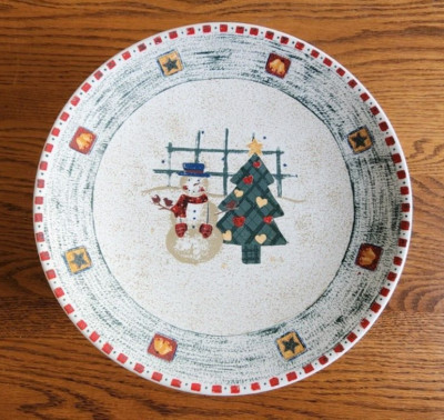 Snowman Cake Plate (s) 10'' Christmas Pedestal Gibson Stoneware White Green Red !