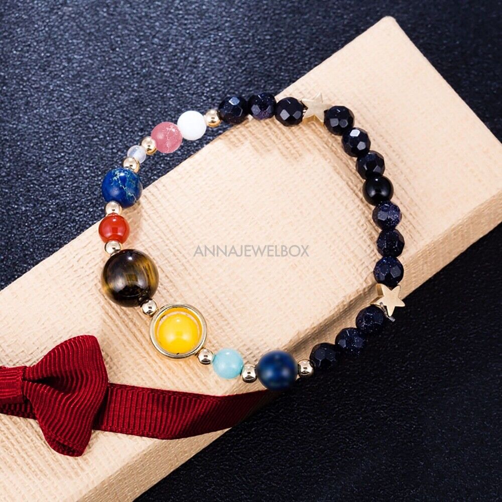 Galaxy Solar System Eight Planets Theme Natural Stone Beaded Bracelet.